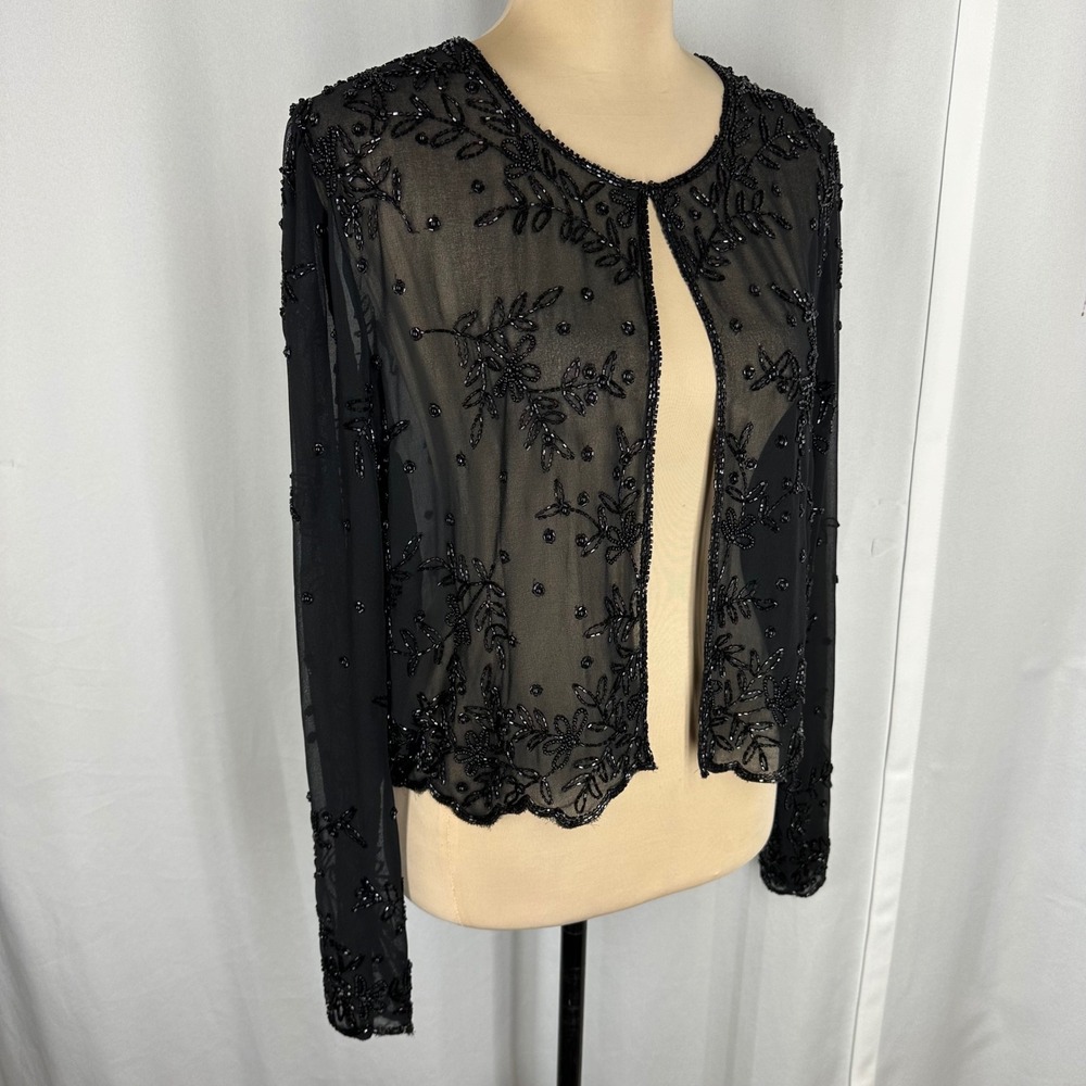 Marina by Marina Bresler Black Beaded Sheer Evening Jacket L Bugle Beads
